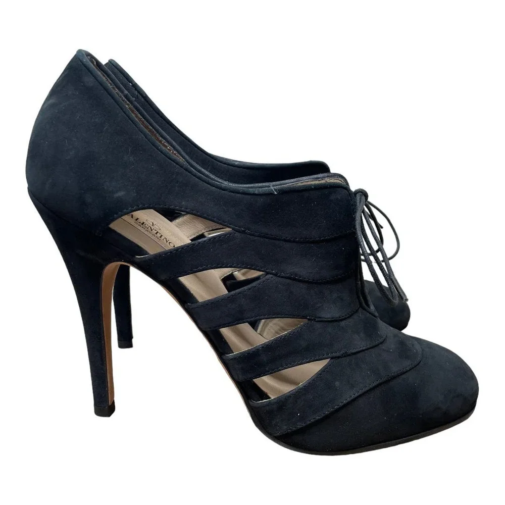 Valentino Black Suede Cutout Lace-Up  Booties 40 10 - Picture 2 of 7